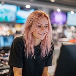 A person with light pink hair and a black t-shirt smiles while looking at a computer screen in a brightly lit store or office setting.