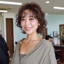 A woman with short, curly brown hair and a light green top smiles in a brightly lit salon.